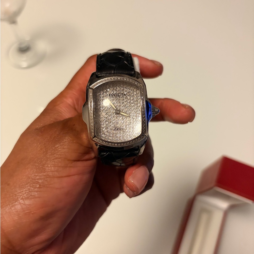 Women’s Invicta Swiss Diamond-Style Silver Watch with Black Leather Strap